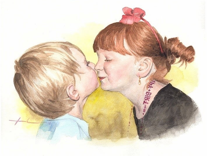 sister and brother watercolor portrait from a photo by portrait artist Mike Theuer