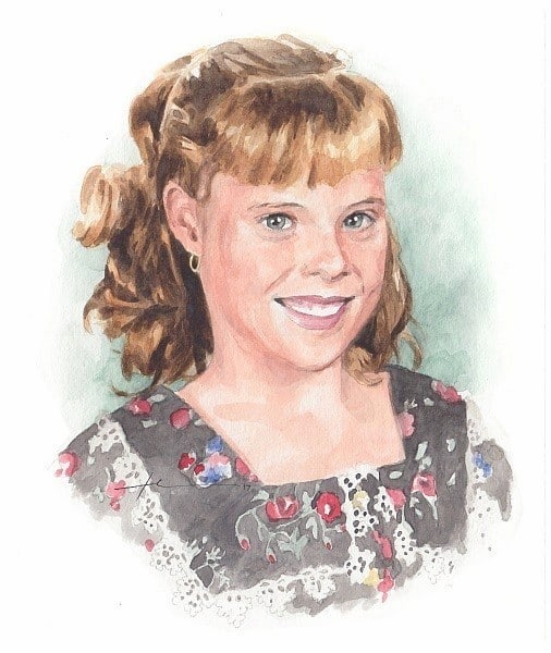 sister one watercolor portrait from a photo by portrait artist Mike Theuer