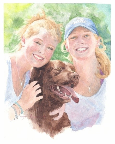 sisters & chocolate lab watercolor portrait from a photo by portrait artist Mike Theuer