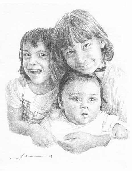 sisters pencil drawing from a photo by portrait artist Mike Theuer