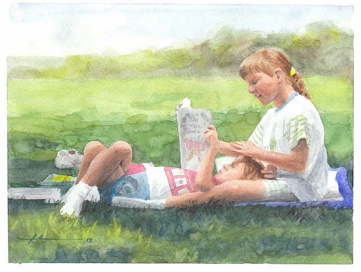 sisters reading watercolor portrait from a photo by portrait artist Mike Theuer