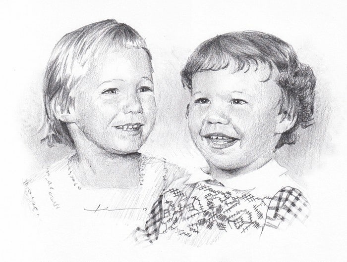 sisters separated in childhood pencil portrait from a photo by portrait artist Mike Theuer