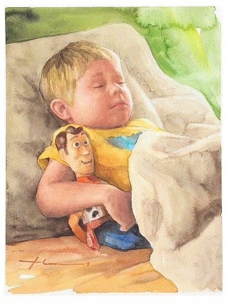 sleeping boy and companion watercolor portrait from a photo by portrait artist Mike Theuer
