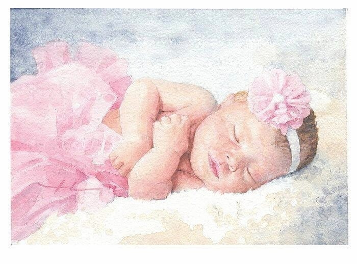 sleeping newborn girl with tutu watercolor portrait from a photo by portrait artist Mike Theuer