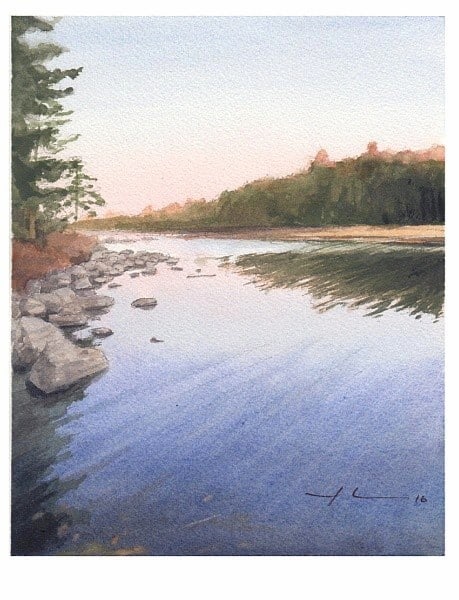 sunset lake watercolor painting from a photo by portrait artist Mike Theuer
