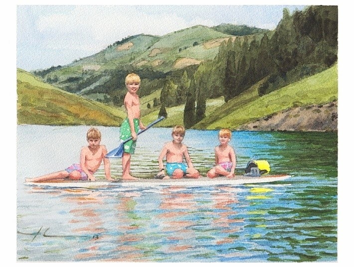 surfing brothers watercolor portrait from a photo by portrait artist Mike Theuer