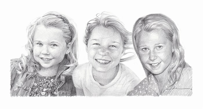 three young sisters pencil portrait from a photo by portrait artist Mike Theuer