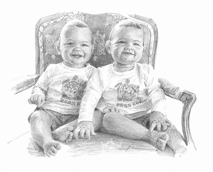 twin brothers in chair pencil portrait from a photo by portrait artist Mike Theuer