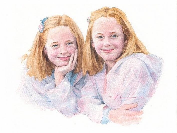 twin sisters watercolor portrait from a photo by portrait artist Mike Theuer