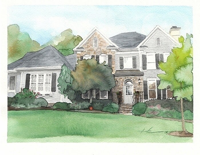 watercolor neighbors house painting from a photo by portrait artist Mike Theuer
