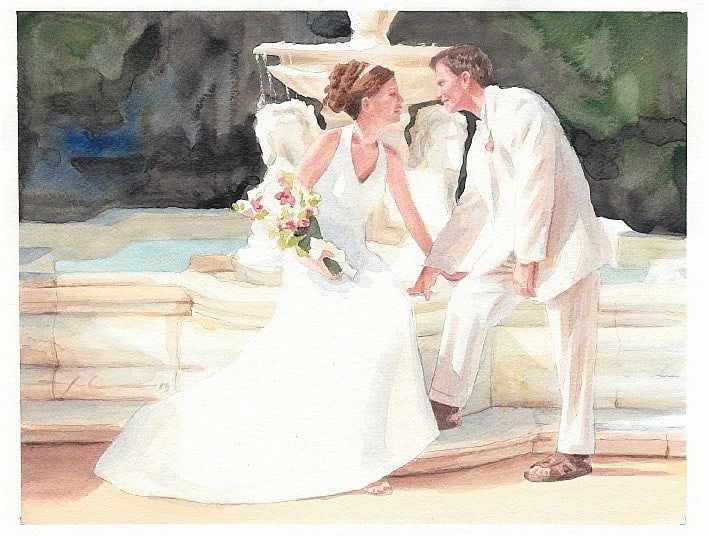 wedding couple watercolor portrait from a photo by portrait artist Mike Theuer