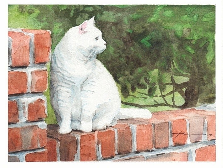 white cat brick wall watercolor painting from a photo by portrait artist Mike Theuer