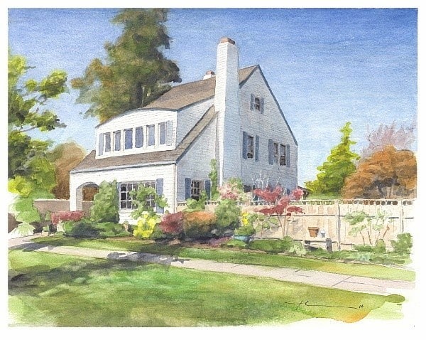 white house garden fence watercolor portrait from a photo by portrait artist Mike Theuer