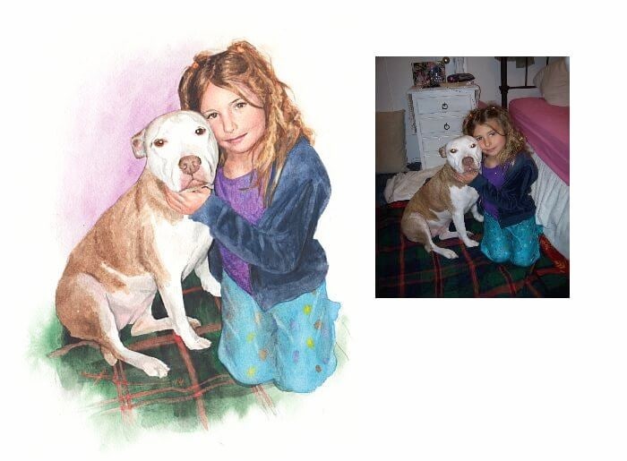 Watercolor family portrait from a photo of a girl hugging her dog by portrait artist Mike Theuer. Photo reference included