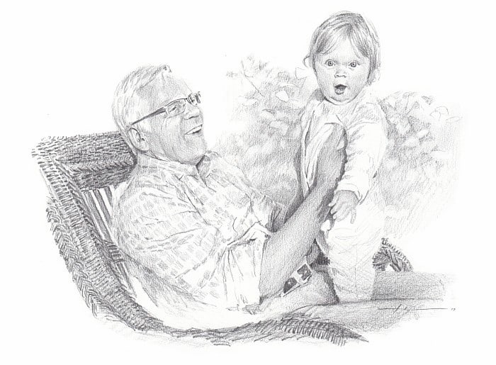 Pencil family portrait from a photo of a grandfather and granddaughter by portrait artist Mike Theuer
