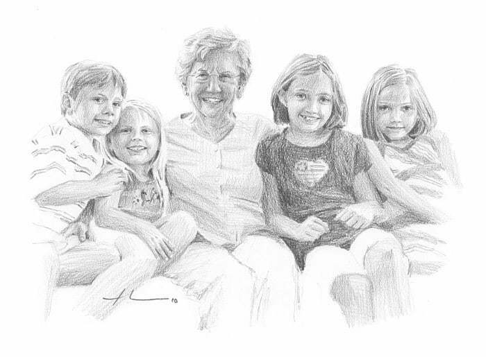 grandmom and grandkids pencil portrait by portrait artist Mike Theuer