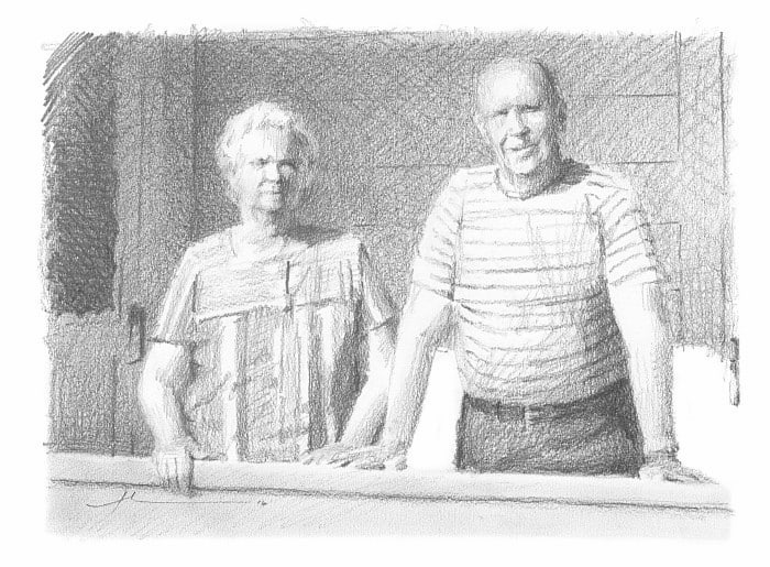 Pencil family portrait from a photo of grandparents on their porch by portrait artist Mike Theuer