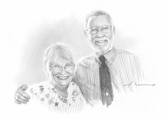 Pencil family portrait from a photo of grandparents by portrait artist Mike Theuer
