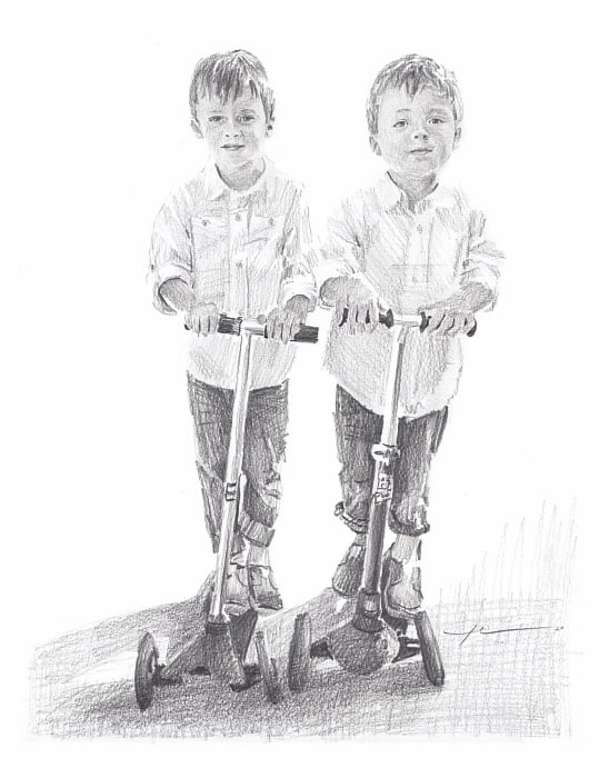 grandsons on scooters pencil portrait by portrait artist Mike Theuer
