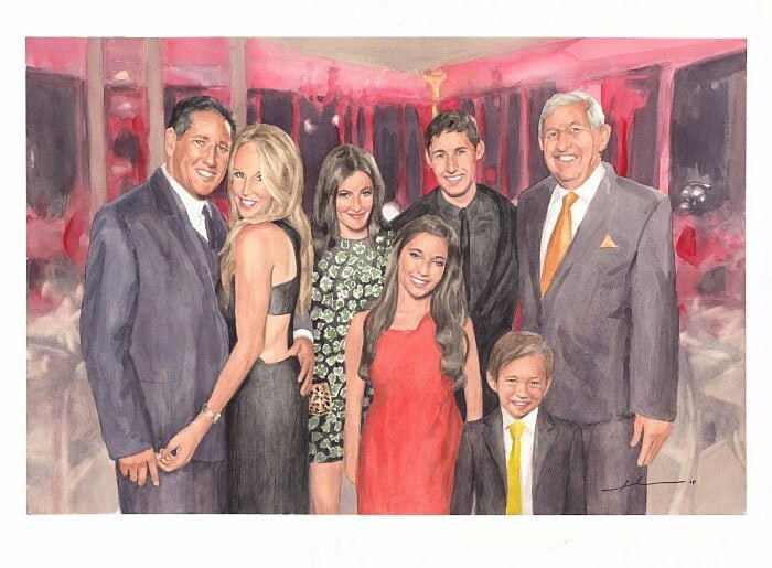 Watercolor family portrait from separate photos of a hollywood family by portrait artist Mike Theuer