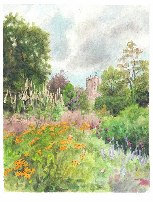 irish castle flower garden watercolor portrait by portrait artist Mike Theuer
