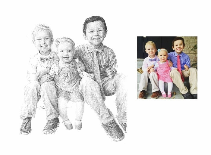 Pencil family portrait from a photo little brothers and baby sister by portrait artist Mike Theuer. Photo reference included