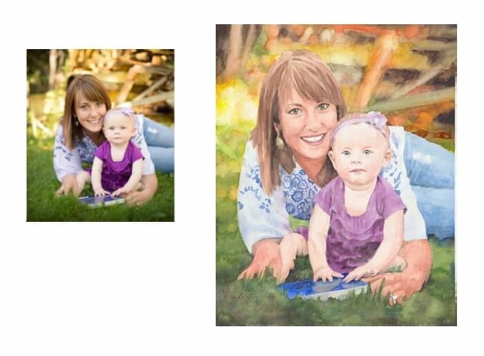 Watercolor family portrait from a photo of mom and baby daughter on the lawn by portrait artist Mike Theuer. Photo reference included