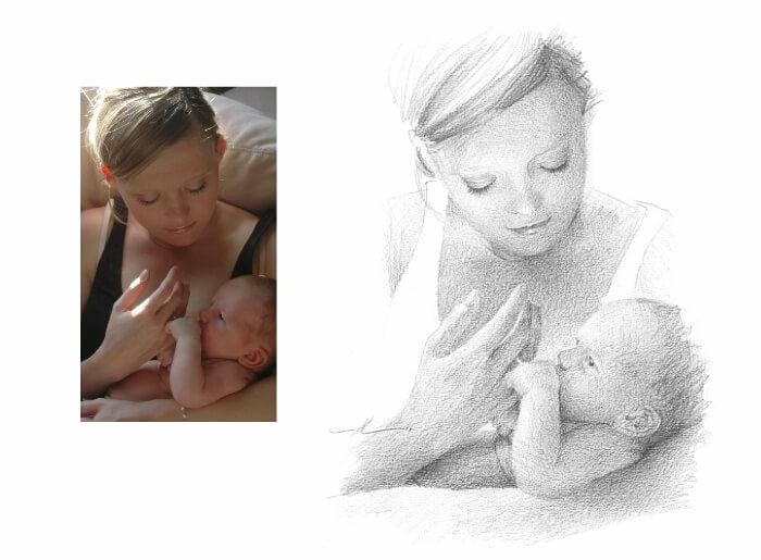 Pencil family portrait from a photo of mother and baby by portrait artist Mike Theuer. Photo reference included