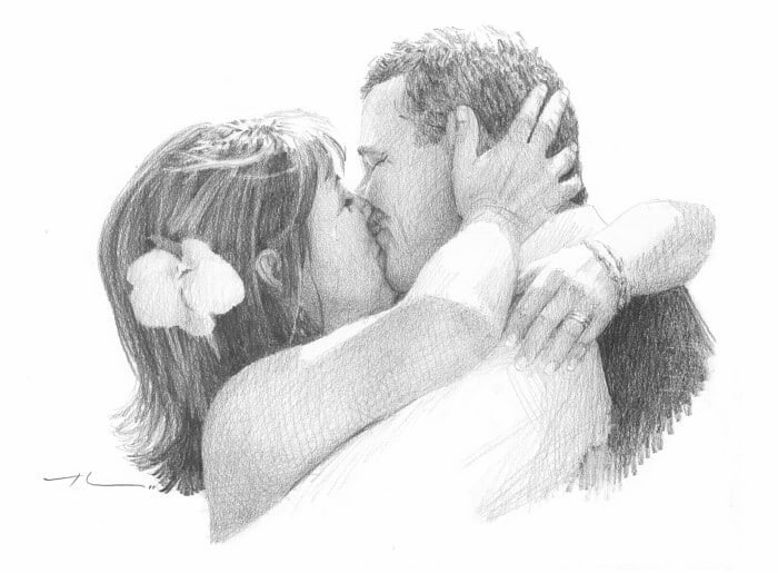 Pencil family portrait from a photo of kissing newlyweds by portrait artist Mike Theuer. Photo reference included