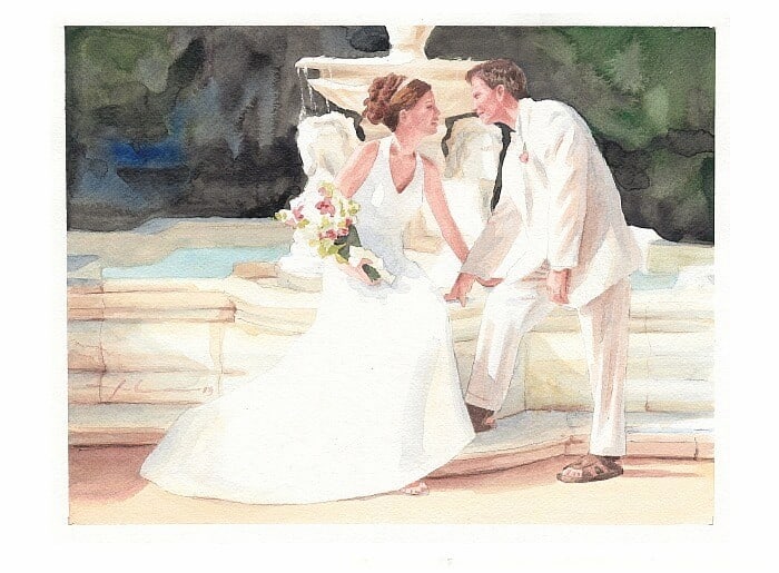 Watercolor family portrait from a photo of newlyweds near a fountain by portrait artist Mike Theuer