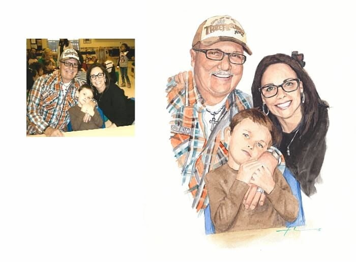 Watercolor family portrait from a photo of a family at school nite by portrait artist Mike Theuer. Photo reference included