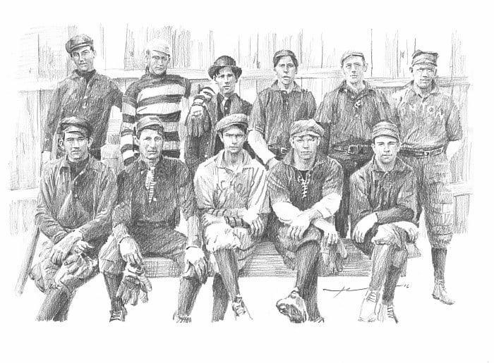 Pencil portrait 1908 C&O railroad semi-pro baseball team from a photo by portrait artist Mike Theuer