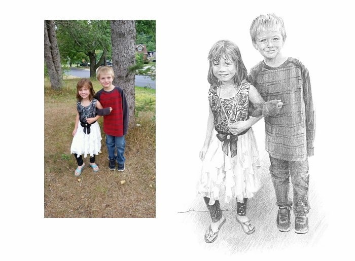 Pencil family portrait from a photo of sister escorting brother by portrait artist Mike Theuer. Photo reference included