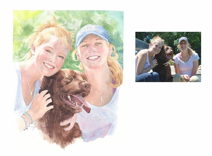 Watercolor family portrait from a photo of older sisters with dog by portrait artist Mike Theuer. Photo reference included