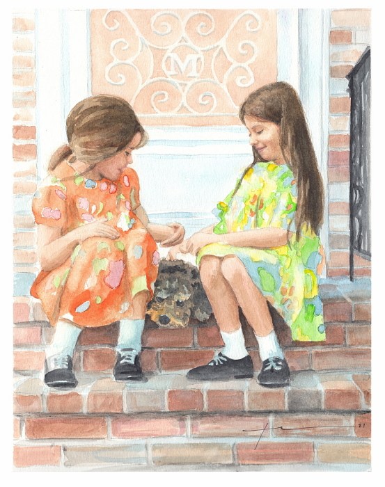 sisters and dog brick stoop watercolor portrait by portrait artist Mike Theuer