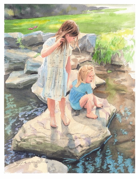 sisters in stream watercolor portrait by portrait artist Mike Theuer