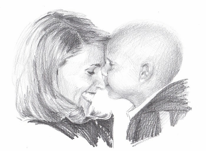 Pencil family portrait from a photo of St Jude Hospital head-bump by portrait artist Mike Theuer
