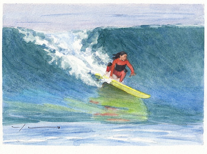 surfing girlfriend watercolor portrait by portrait artist Mike Theuer