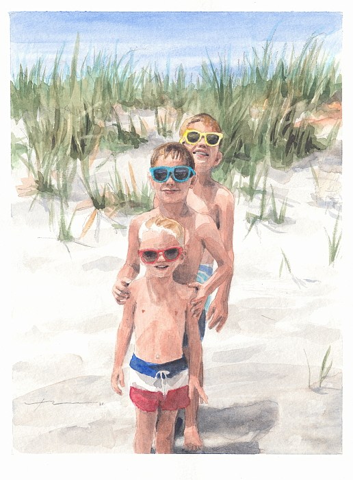 three brothers in sunglasses beach watercolor portrait by portrait artist Mike Theuer