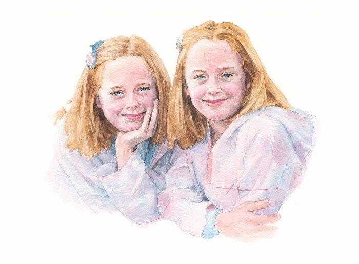 Watercolor family portrait from a photo of twin sisters by portrait artist Mike Theuer