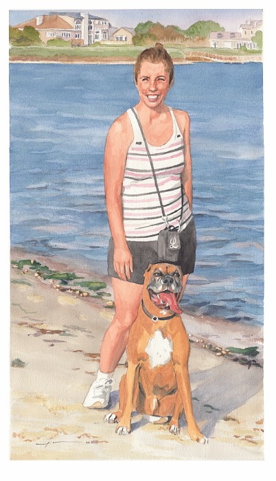 wife and dog on beach watercolor portrait by portrait artist Mike Theuer