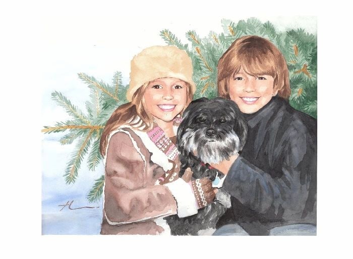 Watercolor family portrait from a photo of bro, sis, and dog with christmas tree by portrait artist Mike Theuer