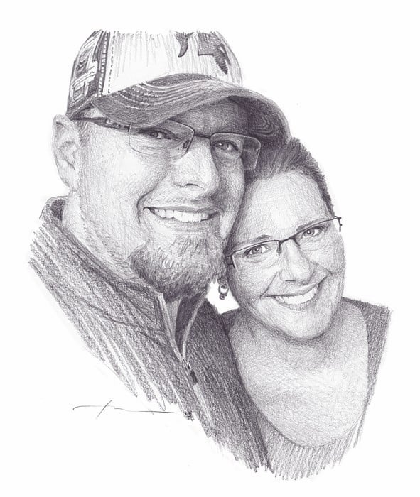 first anniversay newlyweds pencil portrait from a photo by portrait artist Mike Theuer