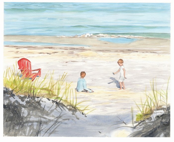 beach & grandchildren watercolor painting from a photo by portrait artist Mike Theuer