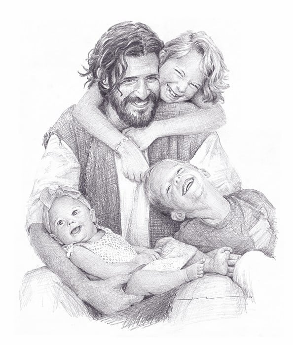 jesus smiling playing with siblings pencil portrait by portrait artist Mike Theuer
