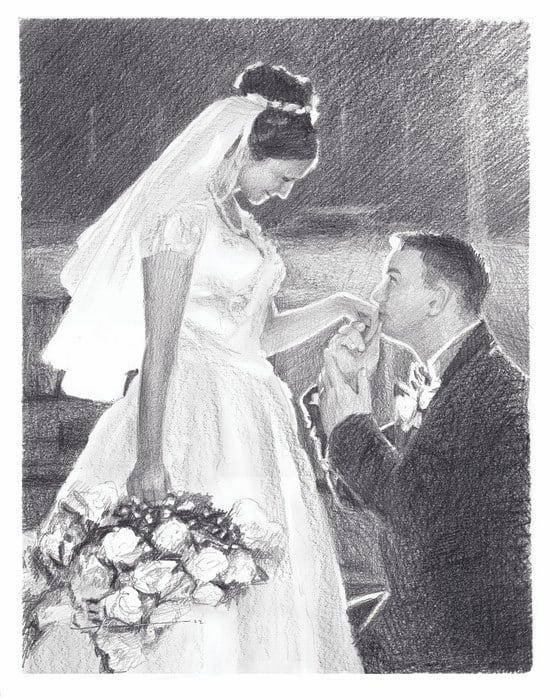 newlywed kiss halo pencil portrait by portrait artist Mike Theuer