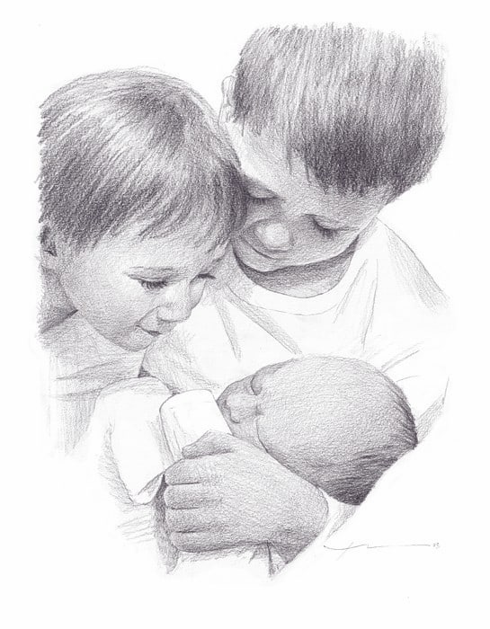 our new baby sister pencil portrait by portrait artist Mike Theuer
