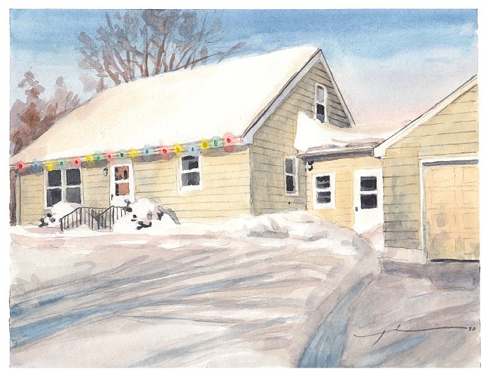 childhood home memory 2 watercolor portrait by portrait artist Mike Theuer