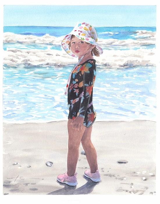 daughter sunhat ocean shore watercolor portrait by portrait artist Mike Theuer