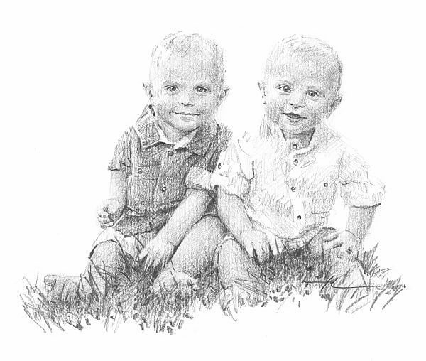 twin baby brothers pencil portrait by portrait artist mike theuer